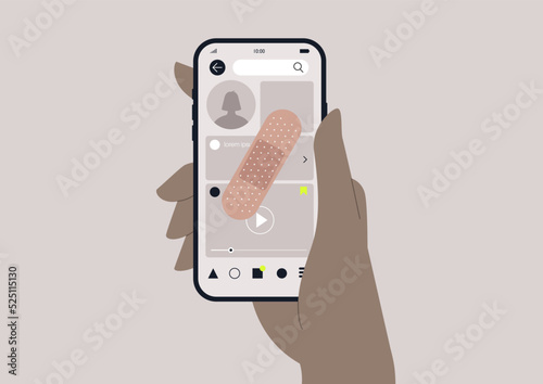 Social media profile fixed with an adhesive bandage, cancel culture concept, healing and protection