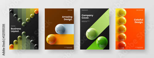 Modern annual report A4 design vector concept composition. Fresh 3D balls booklet template set.