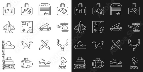 Set line Radar  Aircraft steering helm  Helicopter  hangar  World travel map  Jet fighter  Suitcase and Passenger ladder icon. Vector
