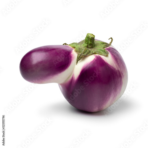Single deformed fresh purple eggplant with a nose close up isolated on white background photo