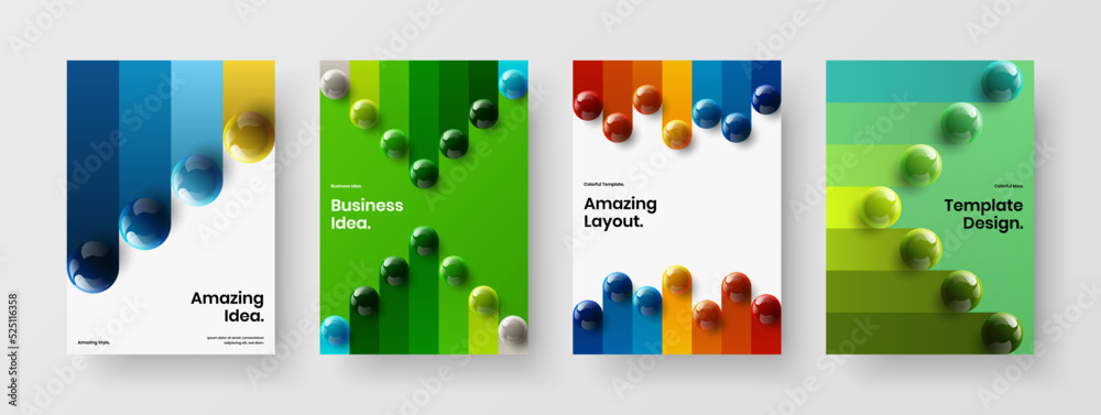 Minimalistic leaflet vector design template composition. Abstract realistic balls corporate cover layout bundle.