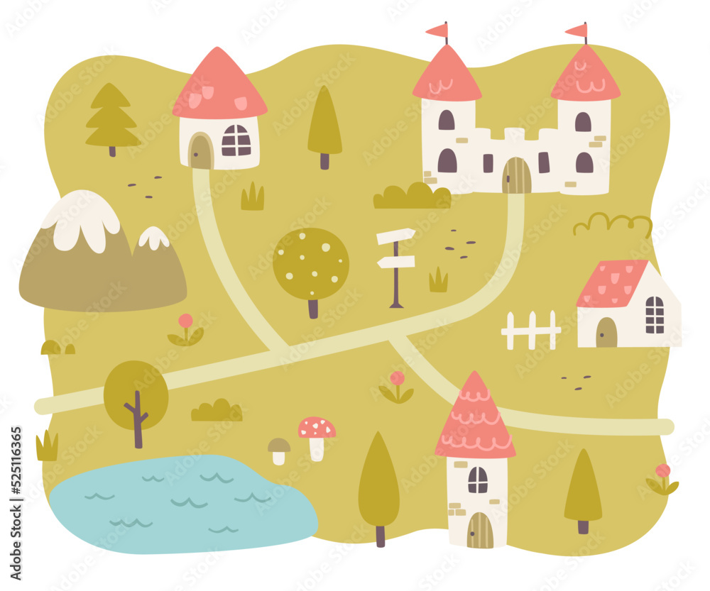 Fairytale village cute map. Medieval cartoon map print for girls carpet.