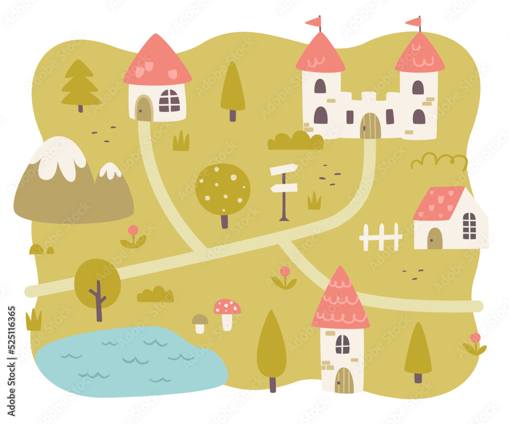 Fairytale village cute map. Medieval cartoon map print for girls carpet. Fairytale village cute map. Medieval cartoon map print for girls carpet.