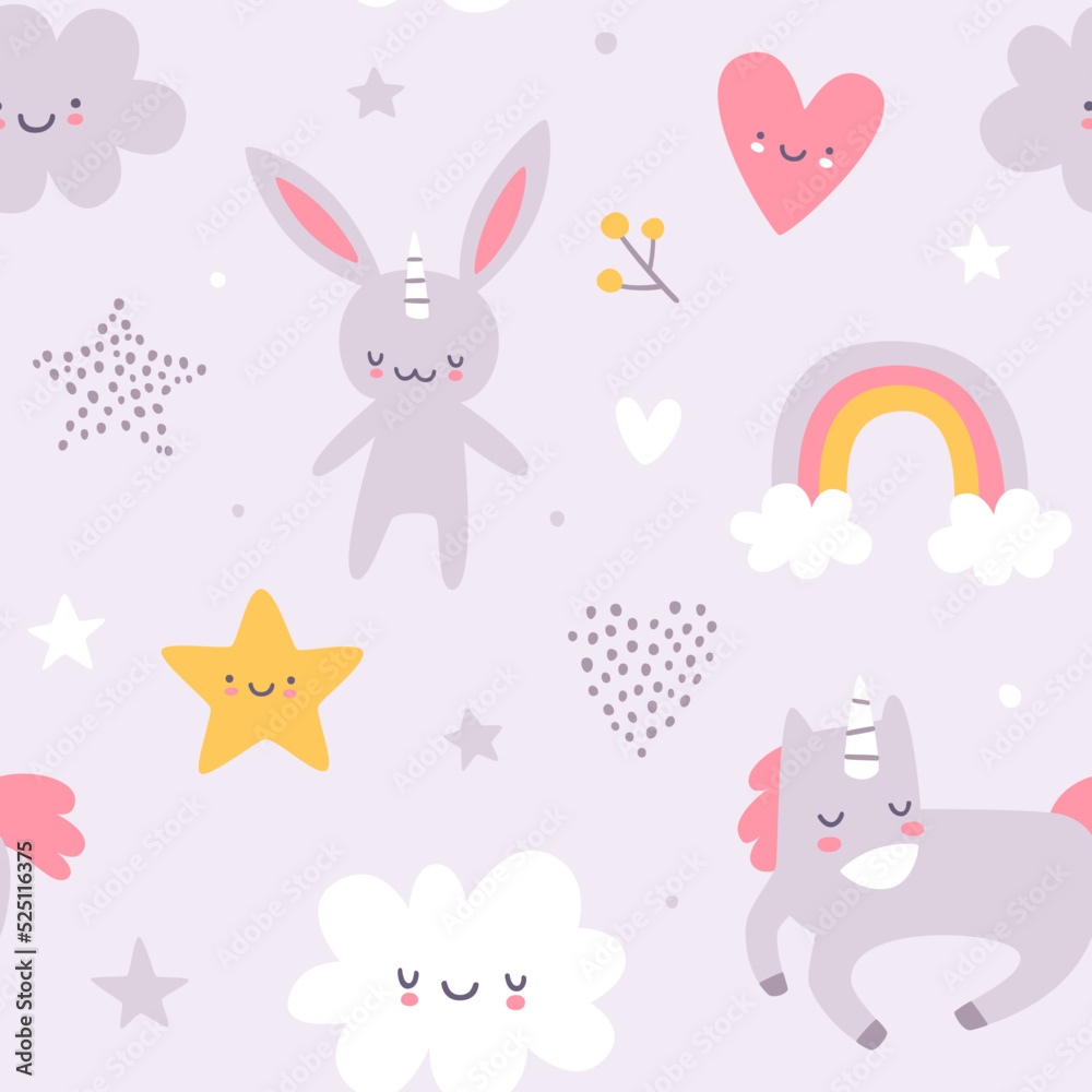 Cute scandinavian baby pattern with sleeping unicorn animals. Seamless vector print for girls.