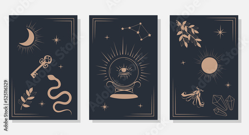 Set of magic esoteric posters in a minimalist retro style. Magic ball, snake, butterfly, sun, moon, floral elements. Magic and witchcraft, witch esoteric alchemy. Vector illustration. 