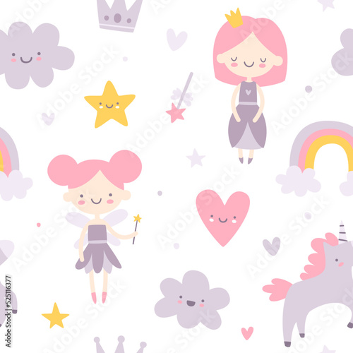 Cute girly fairytale pattern. Cartoon seamless vector print for baby textile and nursery.