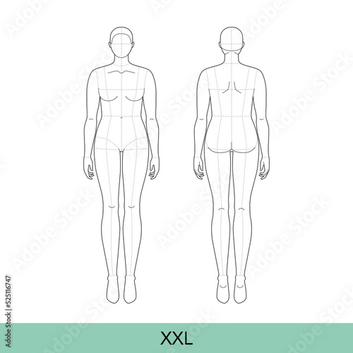 XXL Women Fashion template 9 head size Croquis plus size with main lines Lady model Curvy body figure front back view. Vector outline sketch girl for Fashion Design, Illustration, technical drawing