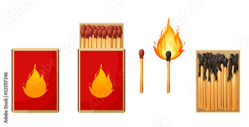 Match box with burnt sticks. Set of matchsticks with sulfur head flaming stages from ignition to extinction. Cartoon spark bonfire vector illustration