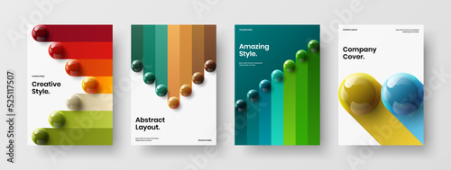 Multicolored book cover A4 vector design illustration set. Trendy realistic spheres corporate brochure template composition.