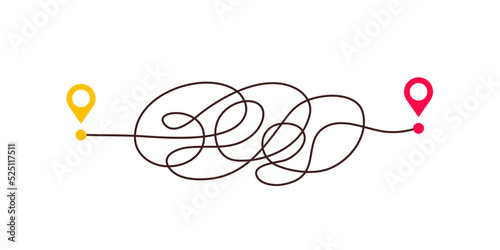 Difficult way, chaos path from point A to B. Complex chaos simplifying concept. Easy simple way. Vector illustration