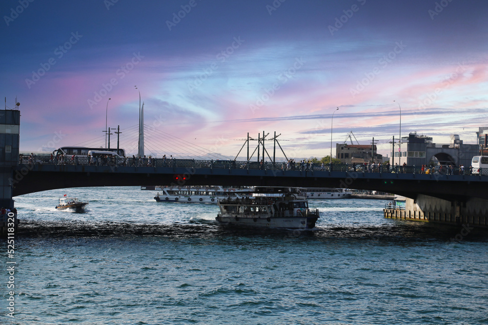 selective focus: The view of the Galata Bridge from the sea. Eminonu galata bridge