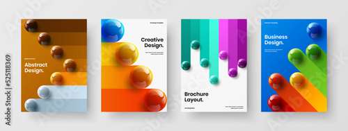 Abstract 3D balls handbill layout set. Amazing pamphlet vector design template bundle.