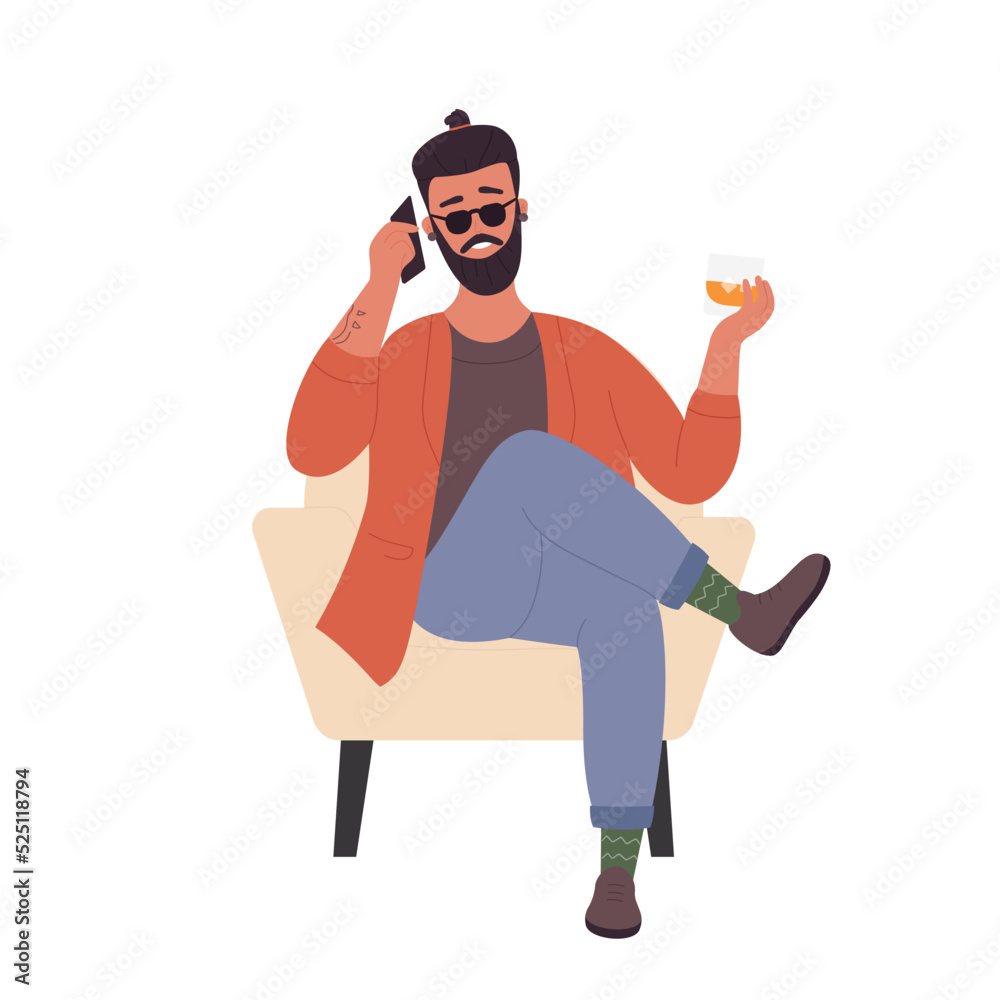 Handsome hipster man sitting in armchair. Relaxed stylish man with whisky glass vector illustration