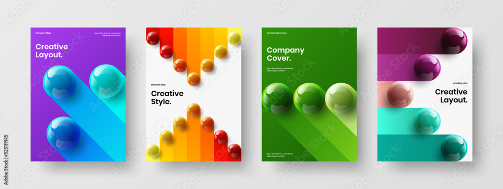 Creative realistic spheres flyer template composition. Simple handbill vector design layout set.