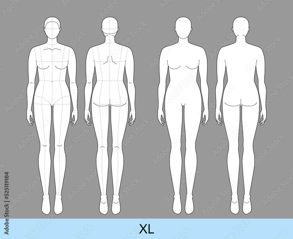 Set of XL Women Fashion template 9 nine head size Croquis plus size Lady with and without main lines model Curvy body figure front back view. Vector outline girl for Fashion Design, Illustration Set of XL Women Fashion template 9 nine head size Croquis plus size Lady with and without main lines model Curvy body figure front back view. Vector outline girl for Fashion Design, Illustration