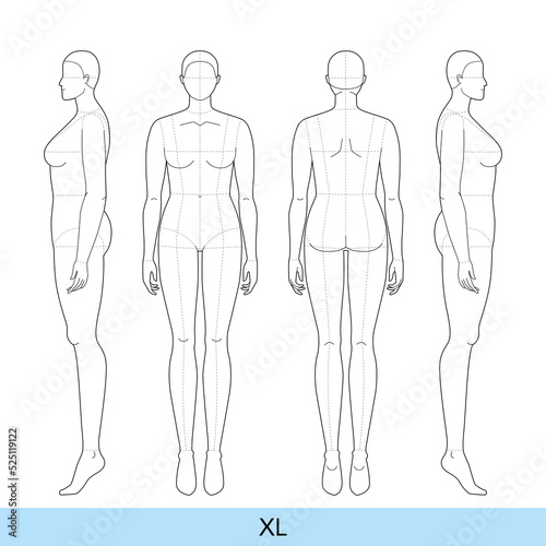 Set of XL Women Fashion template 9 nine head size Croquis plus size Lady model Curvy body figure front, side, back view. Vector outline sketch girl for Fashion Design, Illustration, technical drawing
