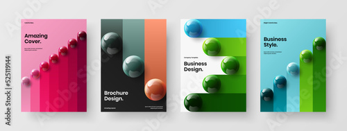 Vivid 3D spheres pamphlet template composition. Simple brochure A4 design vector illustration set.