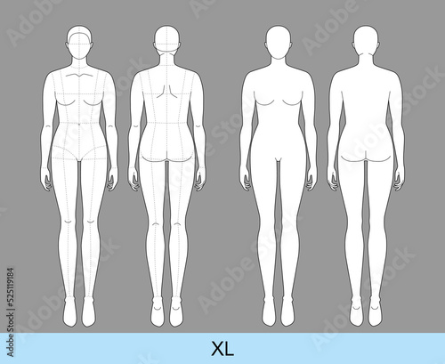 Set of XL Women Fashion template 9 nine head size Croquis plus size Lady with and without main lines model Curvy body figure front back view. Vector outline girl for Fashion Design, Illustration