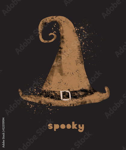 Cute Hand Drawn Halloween Vector Illustration with Big Brown Hat of the Witch and Handwritten Spooky. Funny Old Hag's Hat on a Black Background. Cool Grunge Halloween Print ideal for Card, Poster.