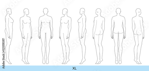 Set of XL Women Fashion template 9 nine head size Croquis plus size Lady model Curvy body figure front, side, 3-4, back view. Vector outline girl for Fashion Design, Illustration, technical drawing