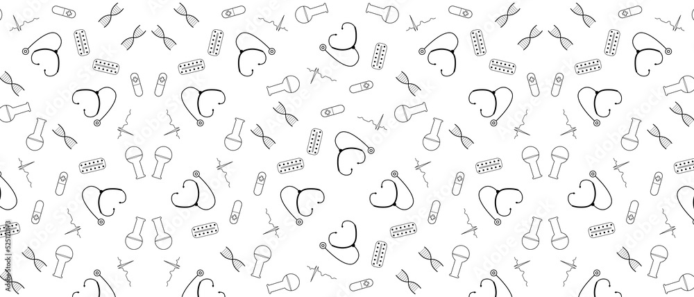 Medicine Square Seamless Doodle Line Art Pattern.