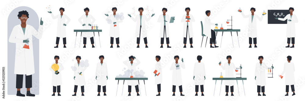 African american black Scientist character in research poses, side, front and back view set vector illustration. Cartoon young man teaching chemical formula, holding book and light bulb, lab equipment