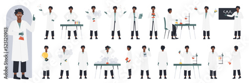 African american black Scientist character in research poses, side, front and back view set vector illustration. Cartoon young man teaching chemical formula, holding book and light bulb, lab equipment