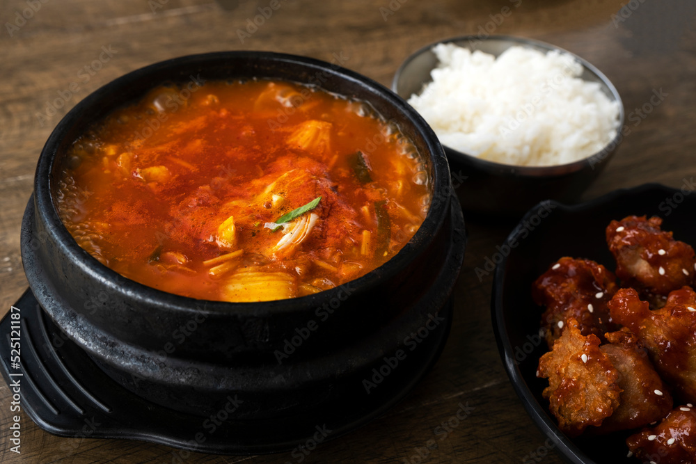 Korean Set Meal Kimchi Soup with Fried Chicken in Korean Sauce Stock