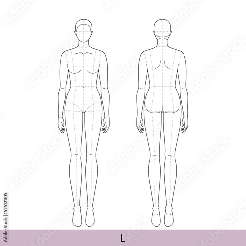 L size Women Fashion template 9 nine head oversize with main lines Lady model Curvy body figure front, back view. Vector outline sketch girl for Fashion Design, Illustration, technical drawing