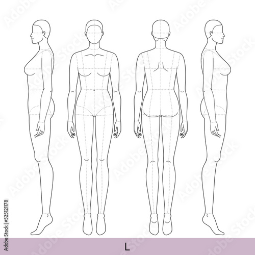 Set of L Women Fashion template 9 nine head size Croquis oversize with main lines Lady model Curvy body figure front, side, back view. Vector outline sketch girl for Fashion Design, technical drawing