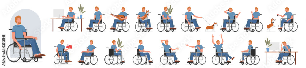 Active male character male with disability poses set vector illustration. Cartoon happy young man sitting in wheelchair in front, side and back view, walking dog, playing guitar isolated on white