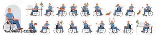 Active male character male with disability poses set vector illustration. Cartoon happy young man sitting in wheelchair in front, side and back view, walking dog, playing guitar isolated on white