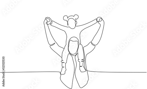 continuous single drawn one line the daddy carries the child on the shoulders hand-drawn picture silhouette. Line art. the character dad walks with the child on his shoulders