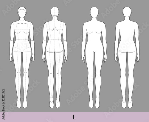 Set of L Women Fashion template 9 nine head size with and without main lines Lady model Curvy body figure front, back view. Vector outline sketch girl Fashion Design, Illustration, technical drawing