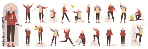 Woman tourist character in different poses set vector illustration. Cartoon female camper with backpack climbing, girl hiking and standing with flag in front, side and back view isolated on white
