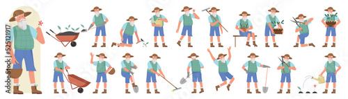 Farm worker in different poses set vector illustration. Cartoon old man working with garden equipment in front, side or back view, elderly farmer holding shovel and rake, wheelbarrow isolated on white