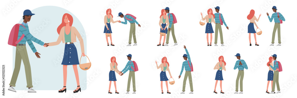 Greeting gestures of couple characters set vector illustration. Cartoon young happy man and woman meeting, standing and waving, raising hand, saying hello with embraces and kisses isolated on white
