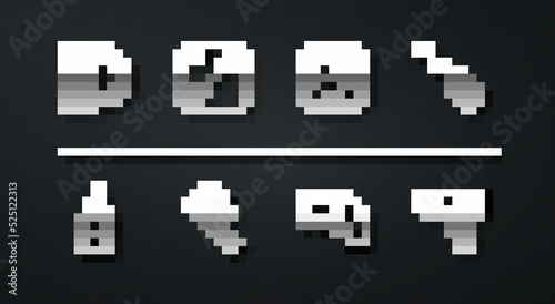 Set line Protractor and ruler, Drawing compass, Laser distance measurer, Approximate measurements, Measuring tape, Diagonal measuring, Digital thermometer and Clock icon. Vector