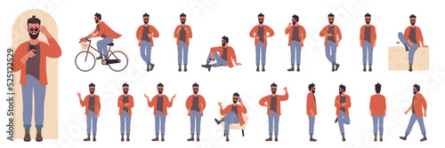 Hipster character poses set vector illustration. Cartoon young handsome man with beard and glasses posing in front, side and back view, riding bike, sitting in chair with phone isolated on white