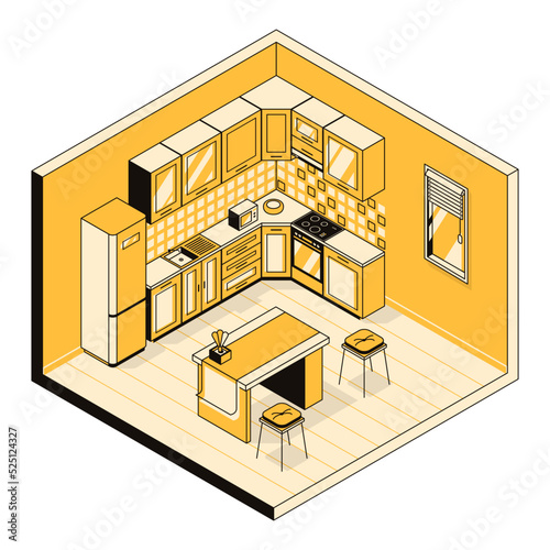 Vector isometric illustration, 3d concept kitchen interior, furniture, food preparation equipment, household appliances