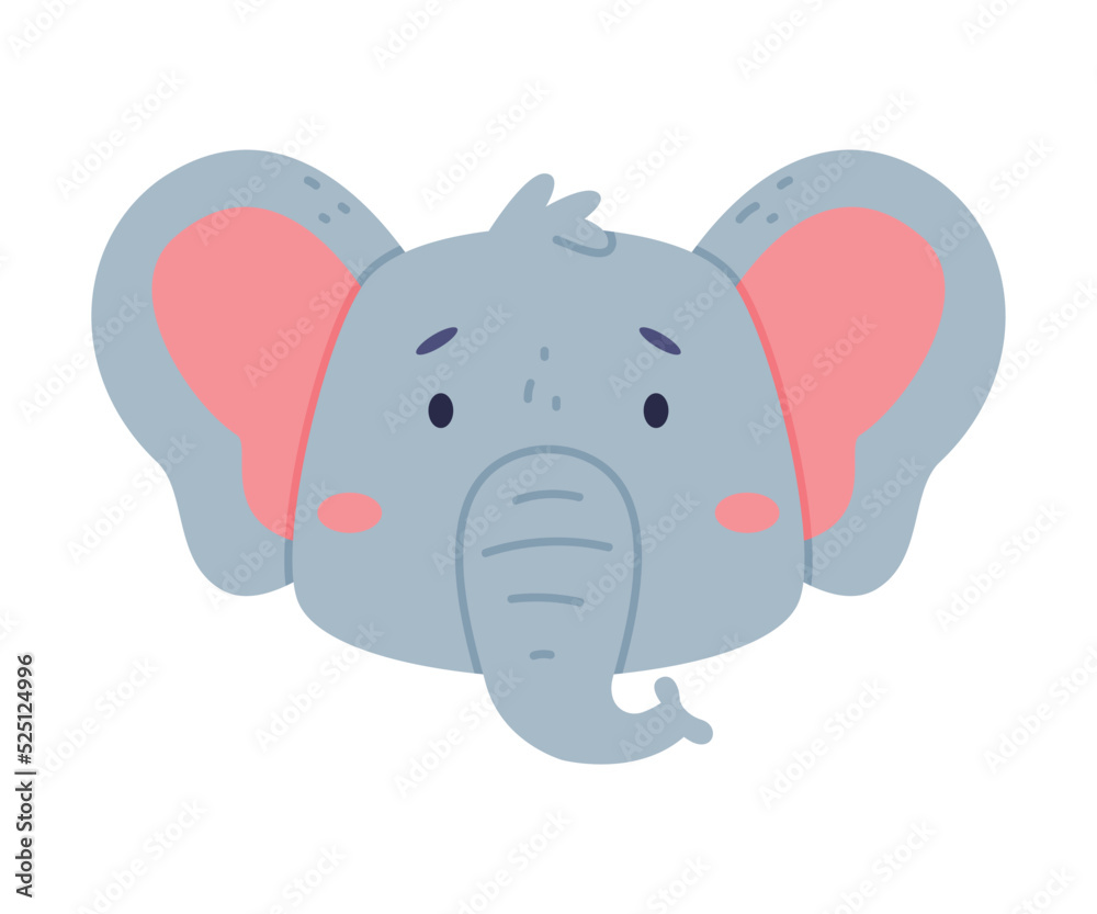 Head of baby elephant cute wild animal. Nursery decoration, card or invitation design cartoon vector illustration