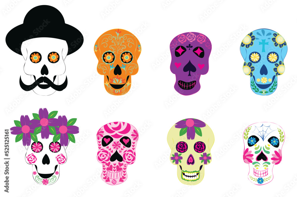 Dead day skulls. Mexican sugar human head bone Halloween tattoo dia de los muertos. Vector illustration isolated on white background Dead day skulls. Mexican sugar human head bone Halloween tattoo dia de los muertos. Vector illustration isolated on white background