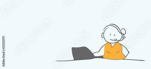  call center girl, Technical support doodle concept, Customer help and support service and hotline with girl operator headset laptop message with question