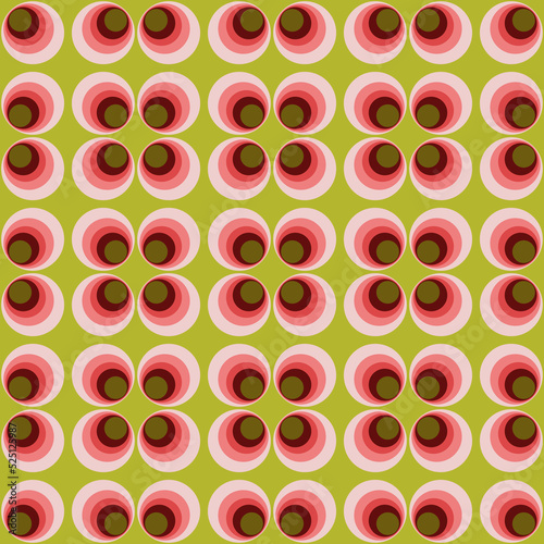 Retro Geometric Seamless Pattern With Circles. Mid Century Modern Style Design With Pink And Green Colors.