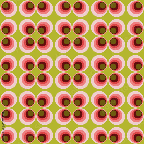 Retro Geometric Seamless Pattern With Circles. Mid Century Modern Style Design With Pink And Green Colors.