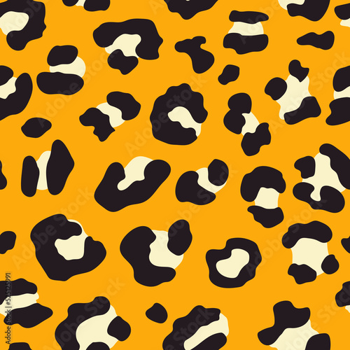 Animal Print Design With Hand Drawn Spots. Leopard Print With Black And White Spots On Yellow Background.