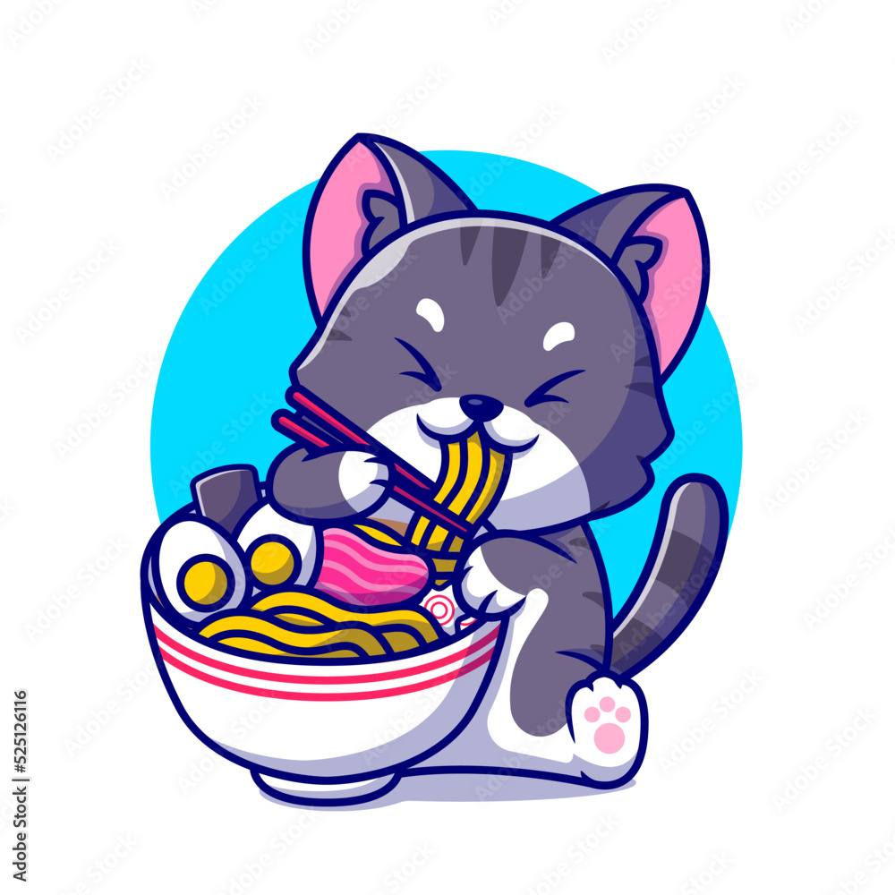 Cute Cat Eating Ramen Noodle With Chopstick Cartoon Vector Icon ...