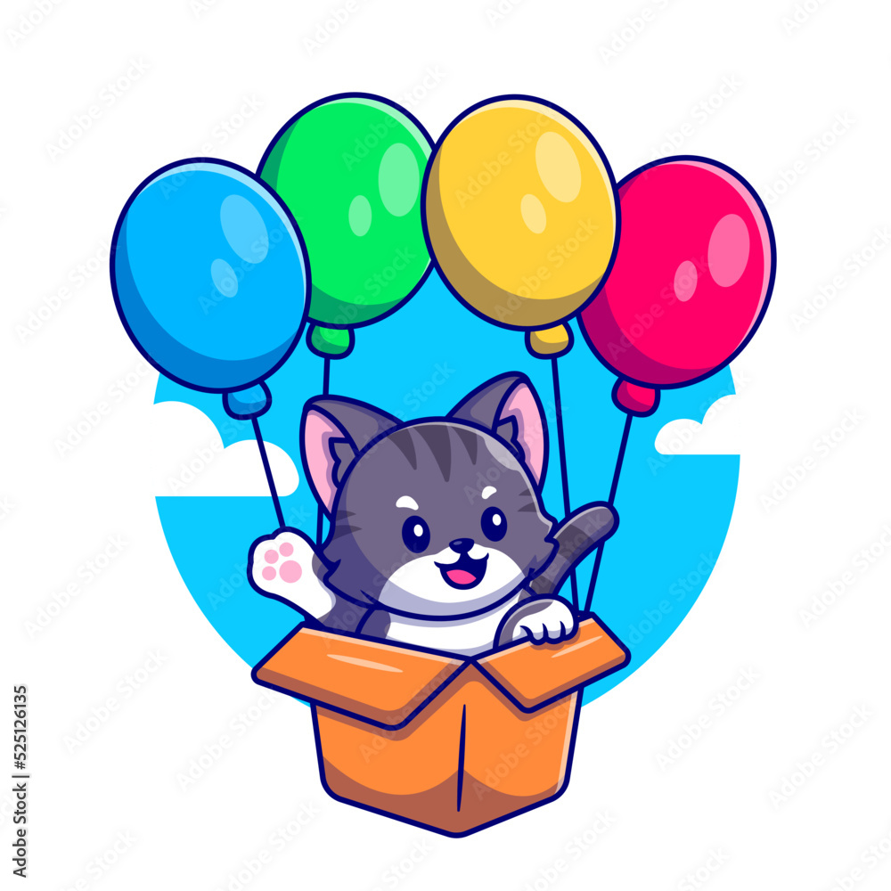 Cute Cat Flying With Cardboard Box And Balloon Cartoon Vector Icon ...