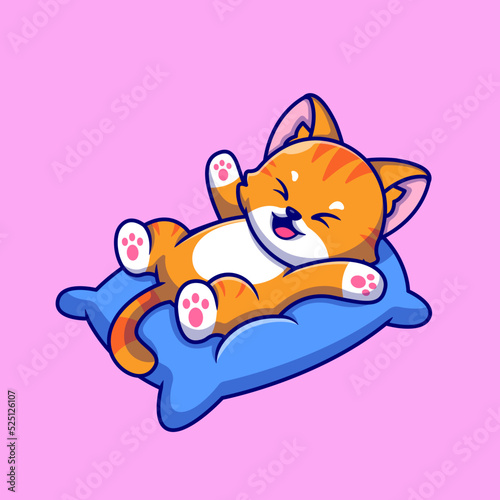 Cute Cat Playing On Pillow Cartoon Vector Icon Illustration. Animal Nature Icon Concept Isolated Premium Vector. Flat Cartoon Style