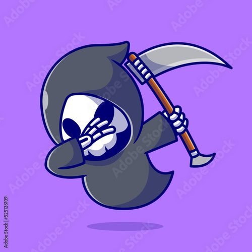 Cute Grim Reaper Dabbing Cartoon Vector Icon Illustration. Skull Halloween Icon Concept Isolated Premium Vector. Flat Cartoon Style